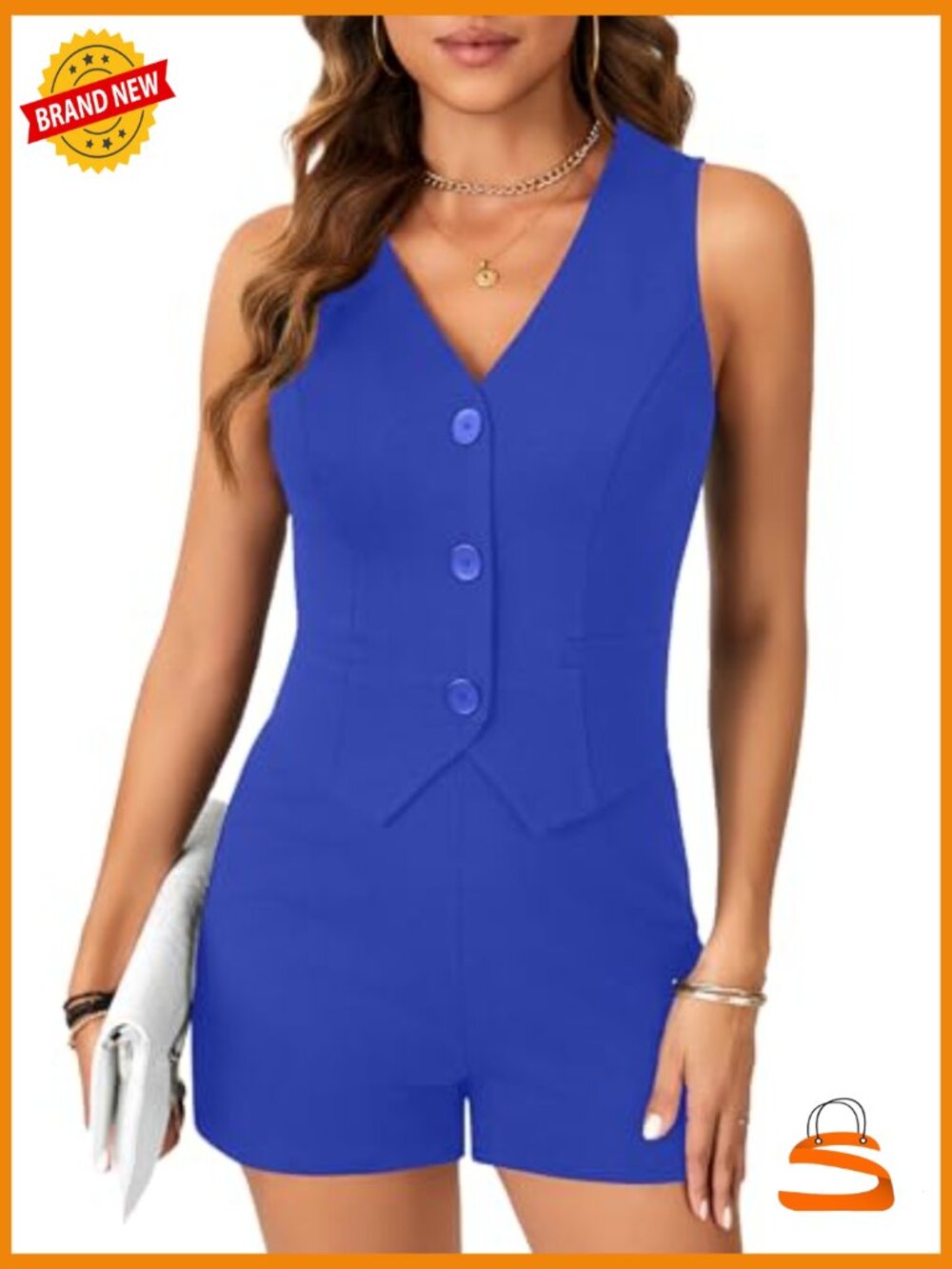 Sleeveless V-Neck Jumpsuit, Slim Fit Blazer Vest, Summer Romper, Rayon Blend - Picture 2 of 7